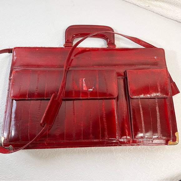 Vintage Handbags - Vintage Eel Skin Leather Burgundy Briefcase 17x11 Ox Blood Red Shiny Academia